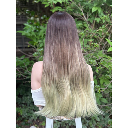 LUCKY Espresso Brown Lime Green Ombre Wig, Lightweight Full Cap, Heat Safe Glueless Unit with Bangs