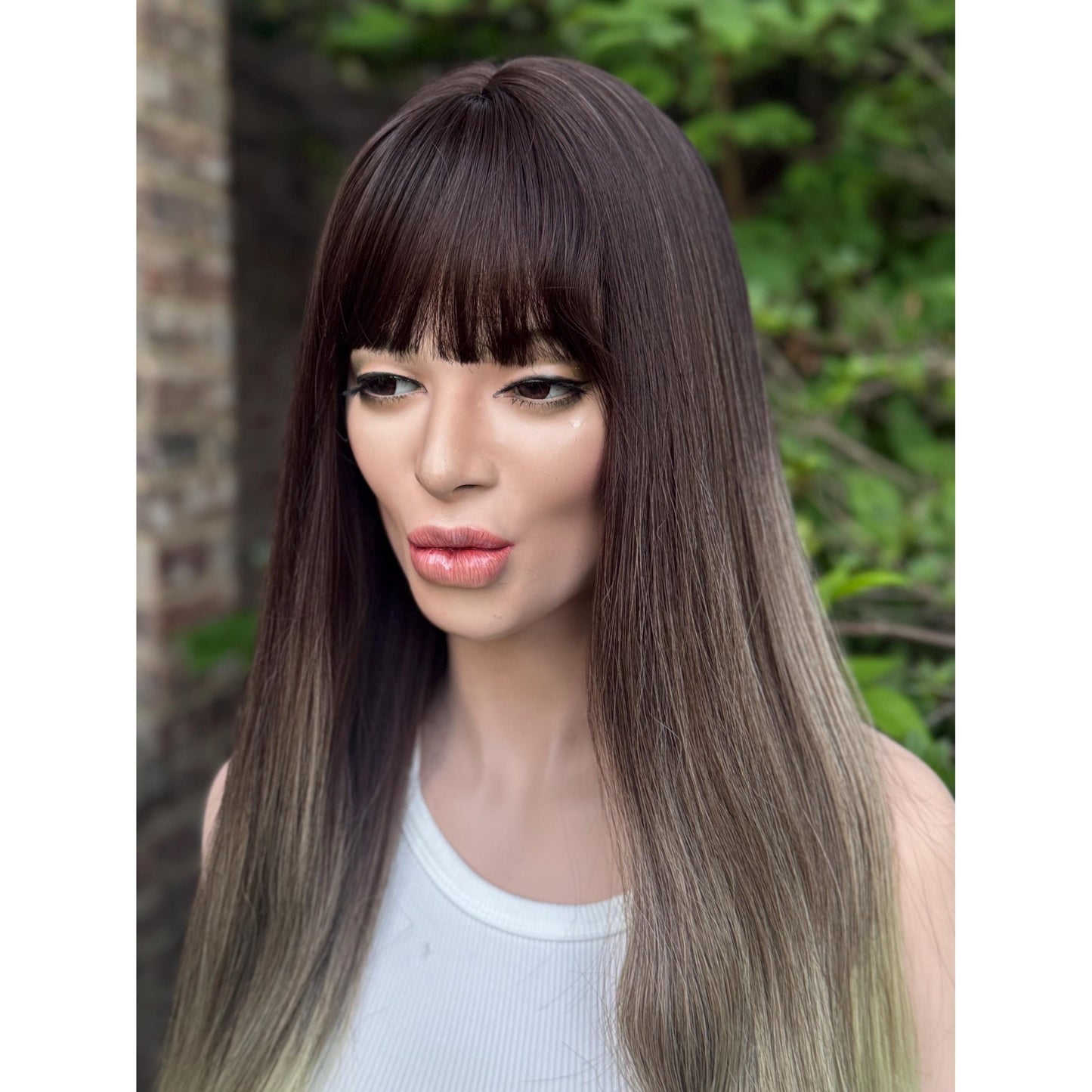 LUCKY Espresso Brown Lime Green Ombre Wig, Lightweight Full Cap, Heat Safe Glueless Unit with Bangs