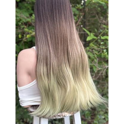 LUCKY Espresso Brown Lime Green Ombre Wig, Lightweight Full Cap, Heat Safe Glueless Unit with Bangs