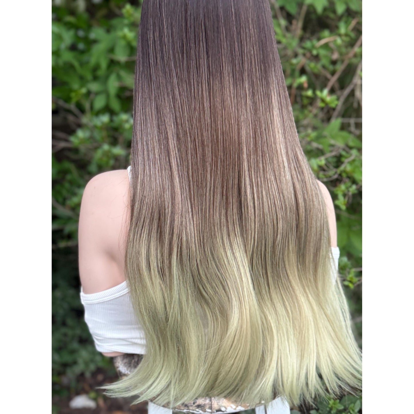 LUCKY Espresso Brown Lime Green Ombre Wig, Lightweight Full Cap, Heat Safe Glueless Unit with Bangs