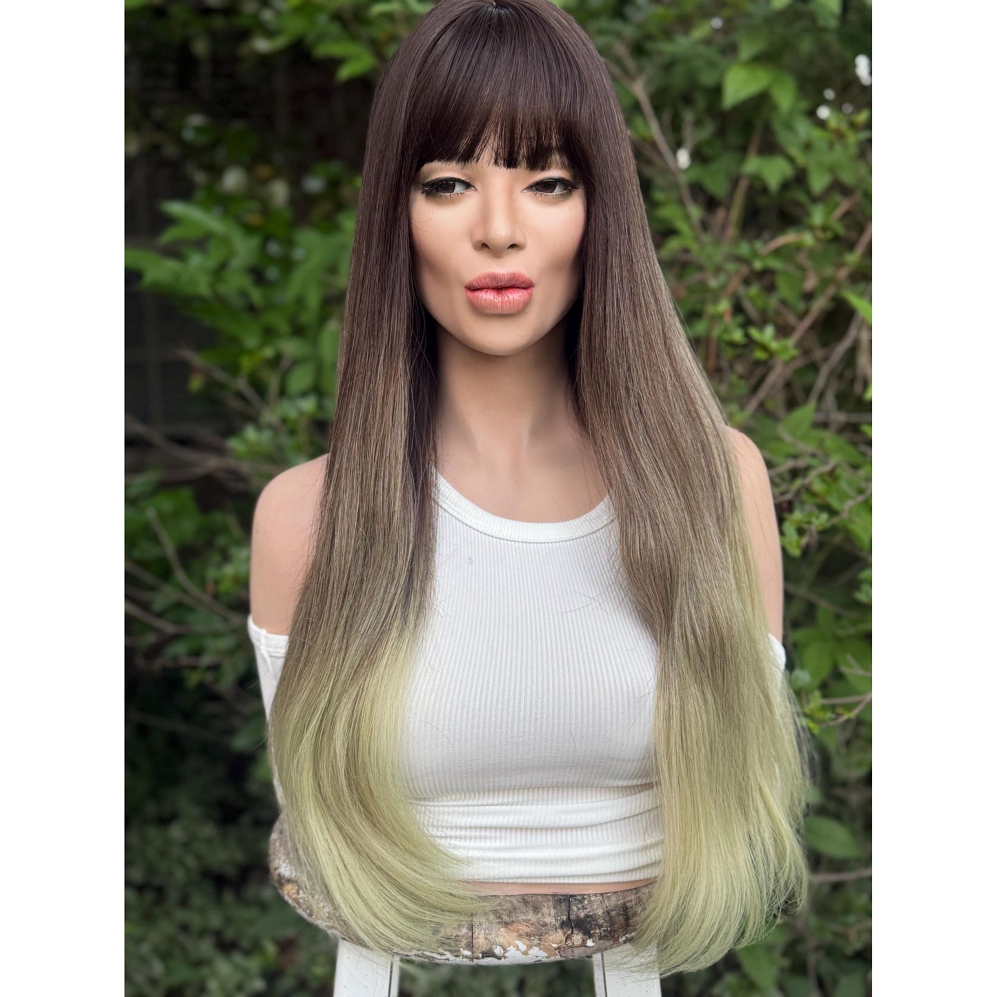 LUCKY Espresso Brown Lime Green Ombre Wig, Lightweight Full Cap, Heat Safe Glueless Unit with Bangs
