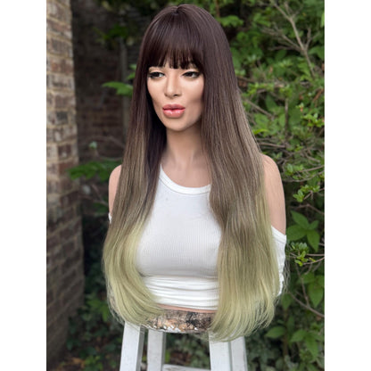 LUCKY Espresso Brown Lime Green Ombre Wig, Lightweight Full Cap, Heat Safe Glueless Unit with Bangs