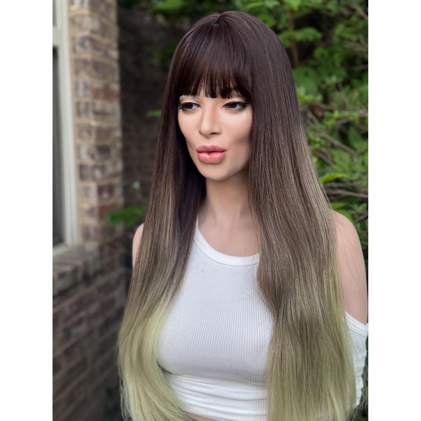LUCKY Espresso Brown Lime Green Ombre Wig, Lightweight Full Cap, Heat Safe Glueless Unit with Bangs
