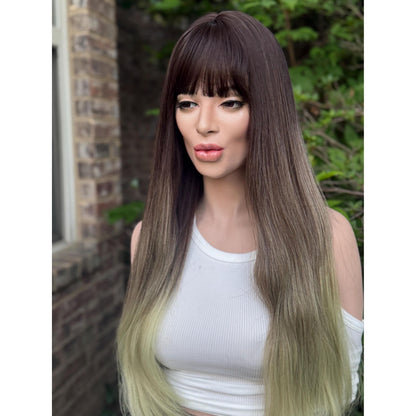 LUCKY Espresso Brown Lime Green Ombre Wig, Lightweight Full Cap, Heat Safe Glueless Unit with Bangs