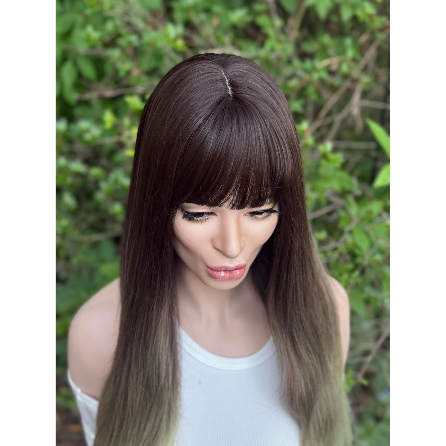 LUCKY Espresso Brown Lime Green Ombre Wig, Lightweight Full Cap, Heat Safe Glueless Unit with Bangs