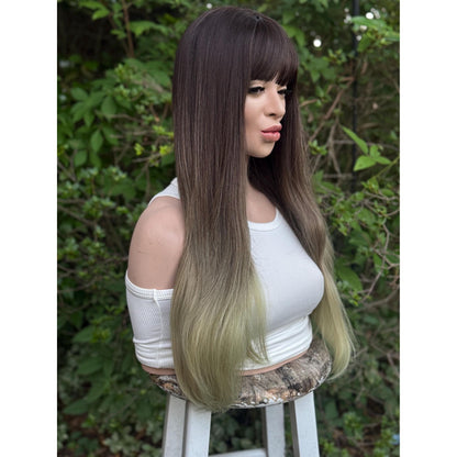 LUCKY Espresso Brown Lime Green Ombre Wig, Lightweight Full Cap, Heat Safe Glueless Unit with Bangs
