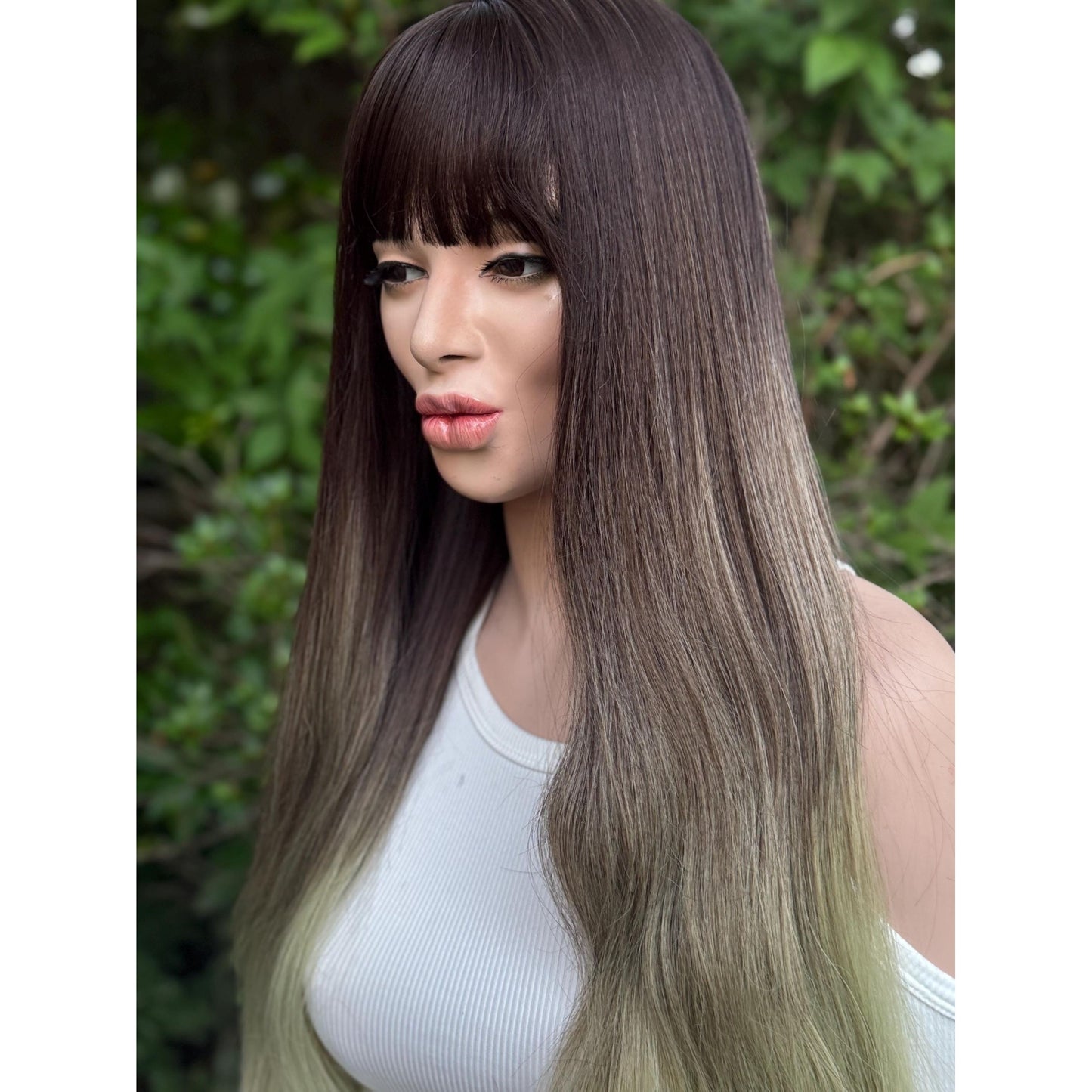 LUCKY Espresso Brown Lime Green Ombre Wig, Lightweight Full Cap, Heat Safe Glueless Unit with Bangs
