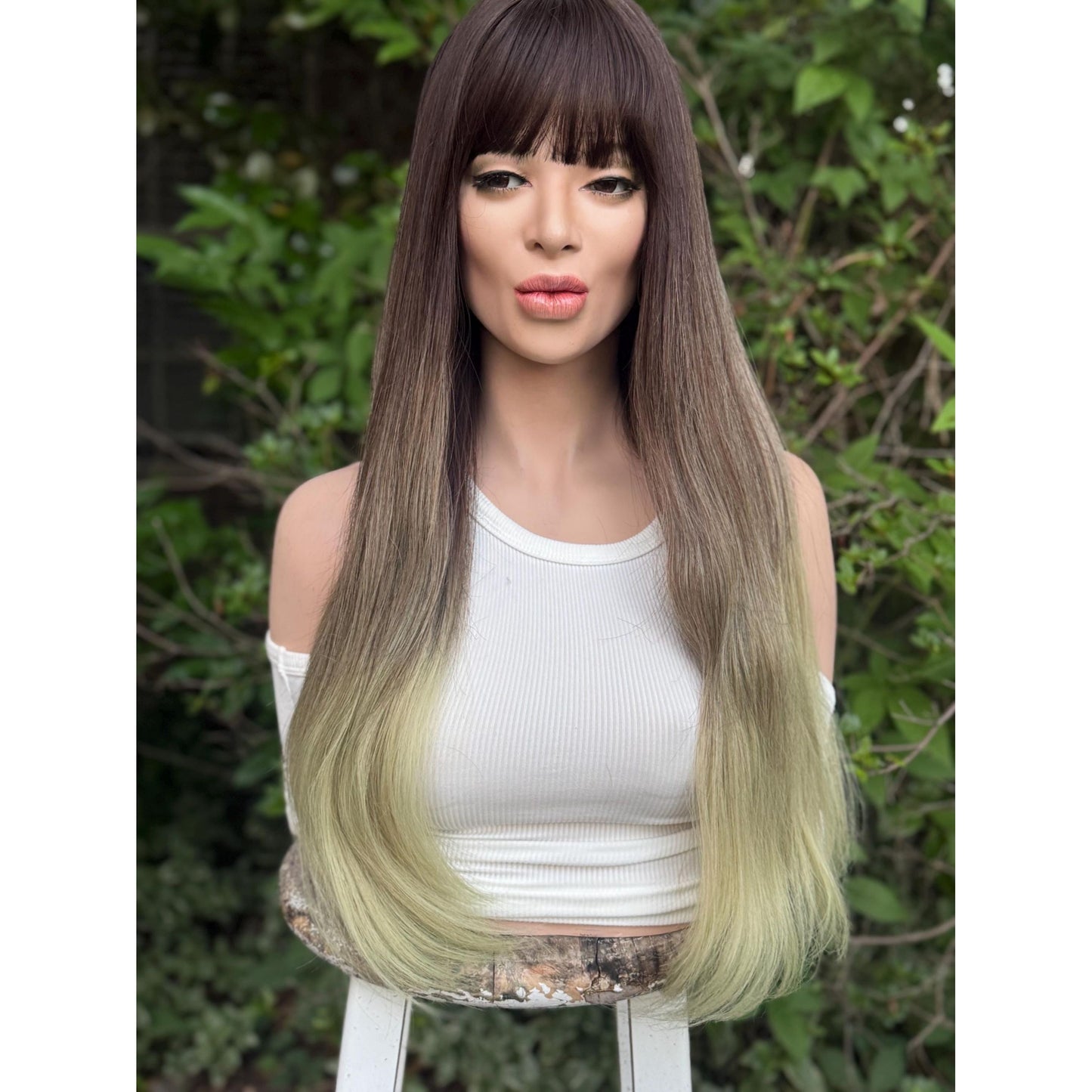 LUCKY Espresso Brown Lime Green Ombre Wig, Lightweight Full Cap, Heat Safe Glueless Unit with Bangs