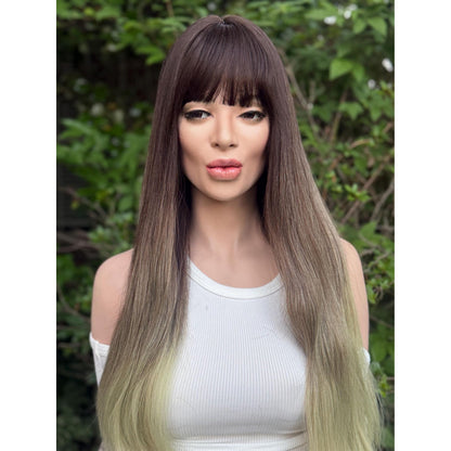 LUCKY Espresso Brown Lime Green Ombre Wig, Lightweight Full Cap, Heat Safe Glueless Unit with Bangs