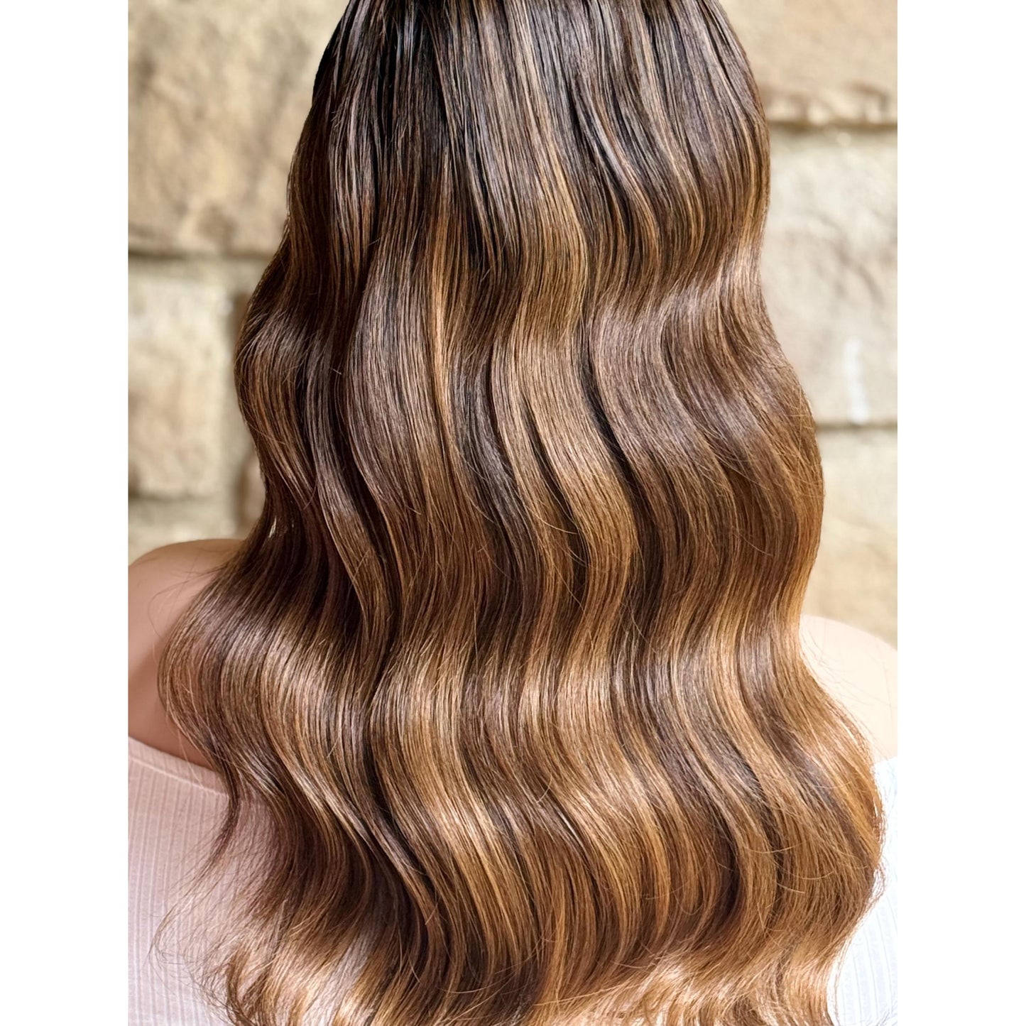 Wig 100% Human Hair | Medium Brown, Copper Balayage | 18” Lace Top 130 Density | Brunette with Highlights