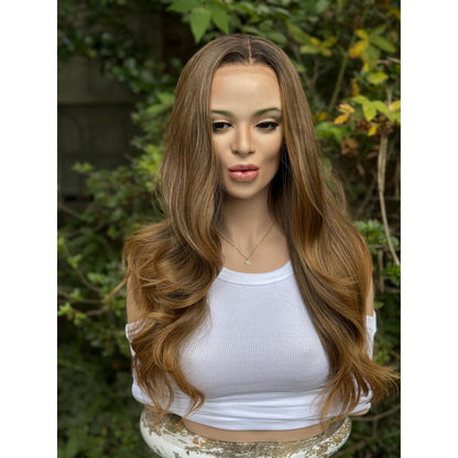 LUCINDA Caramel Brown Honey Balayage Wig, Lace Front, 13x4 Hand-Tied, Human Hair Blend