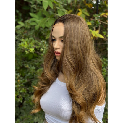 LUCINDA Caramel Brown Honey Balayage Wig, Lace Front, 13x4 Hand-Tied, Human Hair Blend
