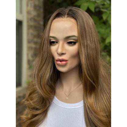 LUCINDA Caramel Brown Honey Balayage Wig, Lace Front, 13x4 Hand-Tied, Human Hair Blend