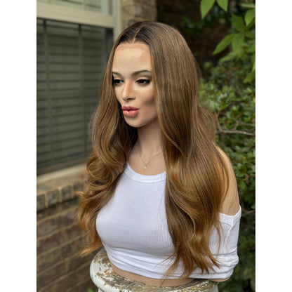 LUCINDA Caramel Brown Honey Balayage Wig, Lace Front, 13x4 Hand-Tied, Human Hair Blend