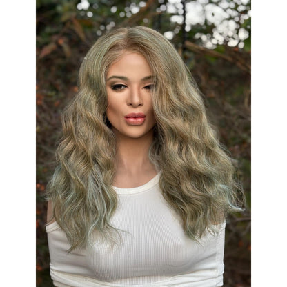 Blonde Cyan Balayage Loose Wavy Human Hair Blend Lace Front Wig Hand-Tied