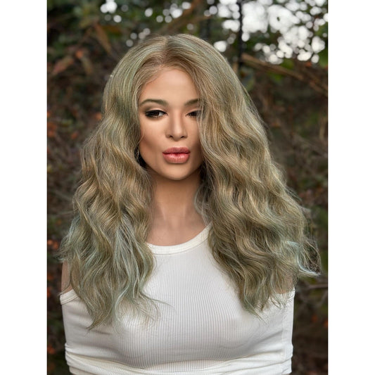 Blonde Cyan Balayage Loose Wavy Human Hair Blend Lace Front Wig Hand-Tied