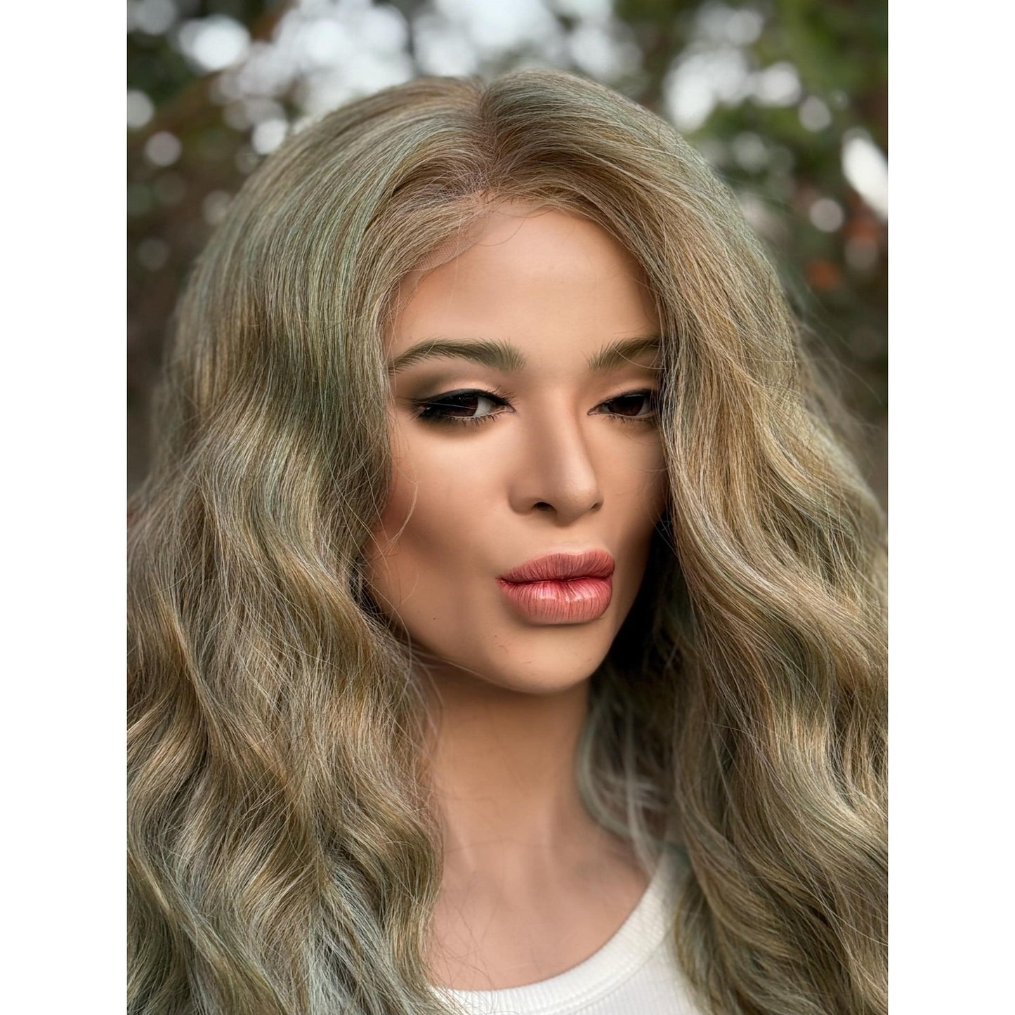 Blonde Cyan Balayage Loose Wavy Human Hair Blend Lace Front Wig Hand-Tied