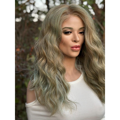 Blonde Cyan Balayage Loose Wavy Human Hair Blend Lace Front Wig Hand-Tied