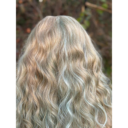 Blonde Cyan Balayage Loose Wavy Human Hair Blend Lace Front Wig Hand-Tied