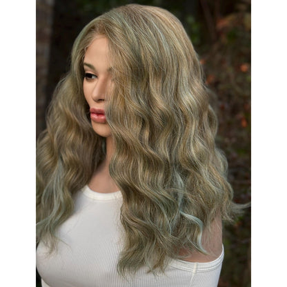 Blonde Cyan Balayage Loose Wavy Human Hair Blend Lace Front Wig Hand-Tied