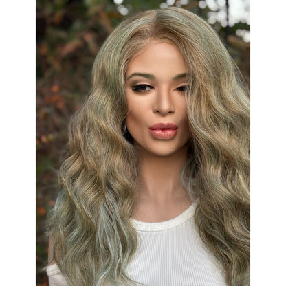 Blonde Cyan Balayage Loose Wavy Human Hair Blend Lace Front Wig Hand-Tied