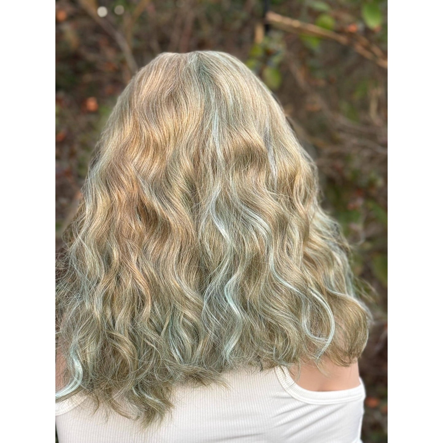 Blonde Cyan Balayage Loose Wavy Human Hair Blend Lace Front Wig Hand-Tied