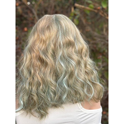 Blonde Cyan Balayage Loose Wavy Human Hair Blend Lace Front Wig Hand-Tied