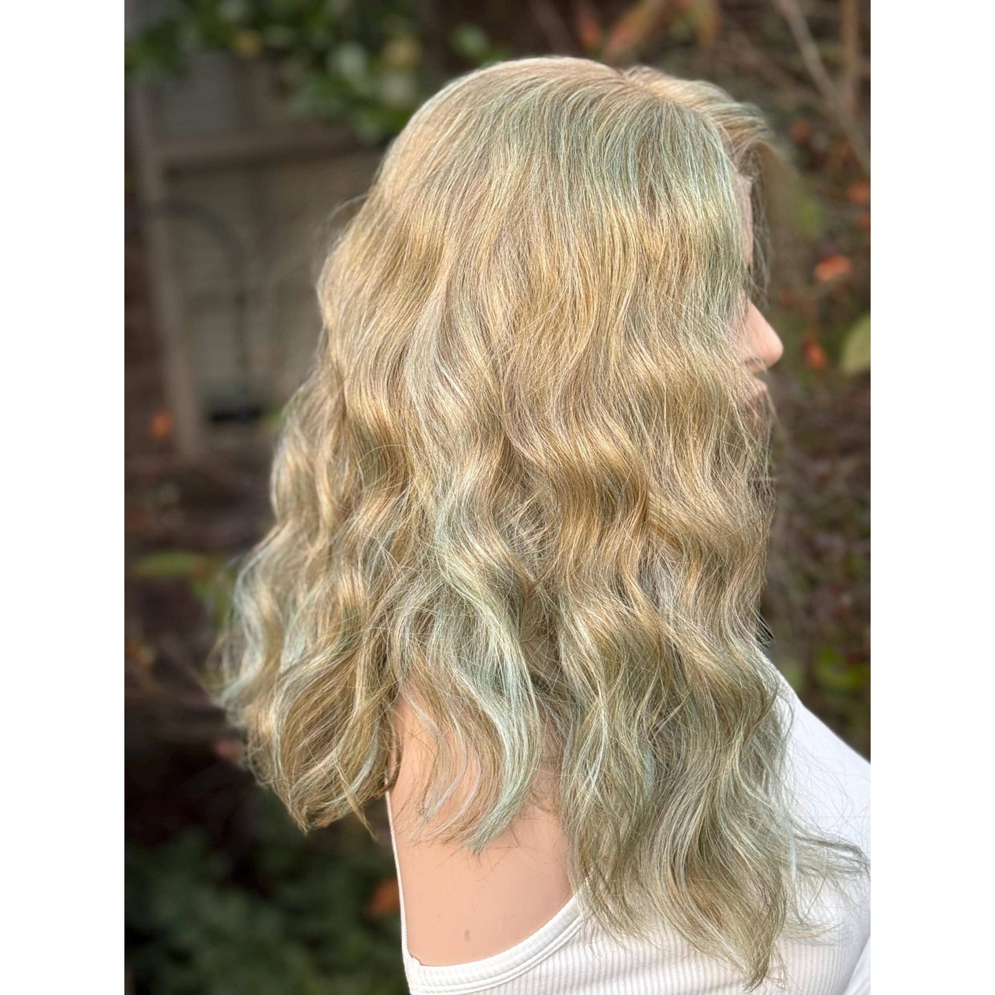Blonde Cyan Balayage Loose Wavy Human Hair Blend Lace Front Wig Hand-Tied