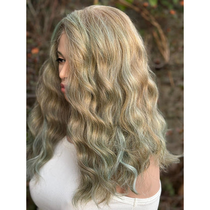 Blonde Cyan Balayage Loose Wavy Human Hair Blend Lace Front Wig Hand-Tied