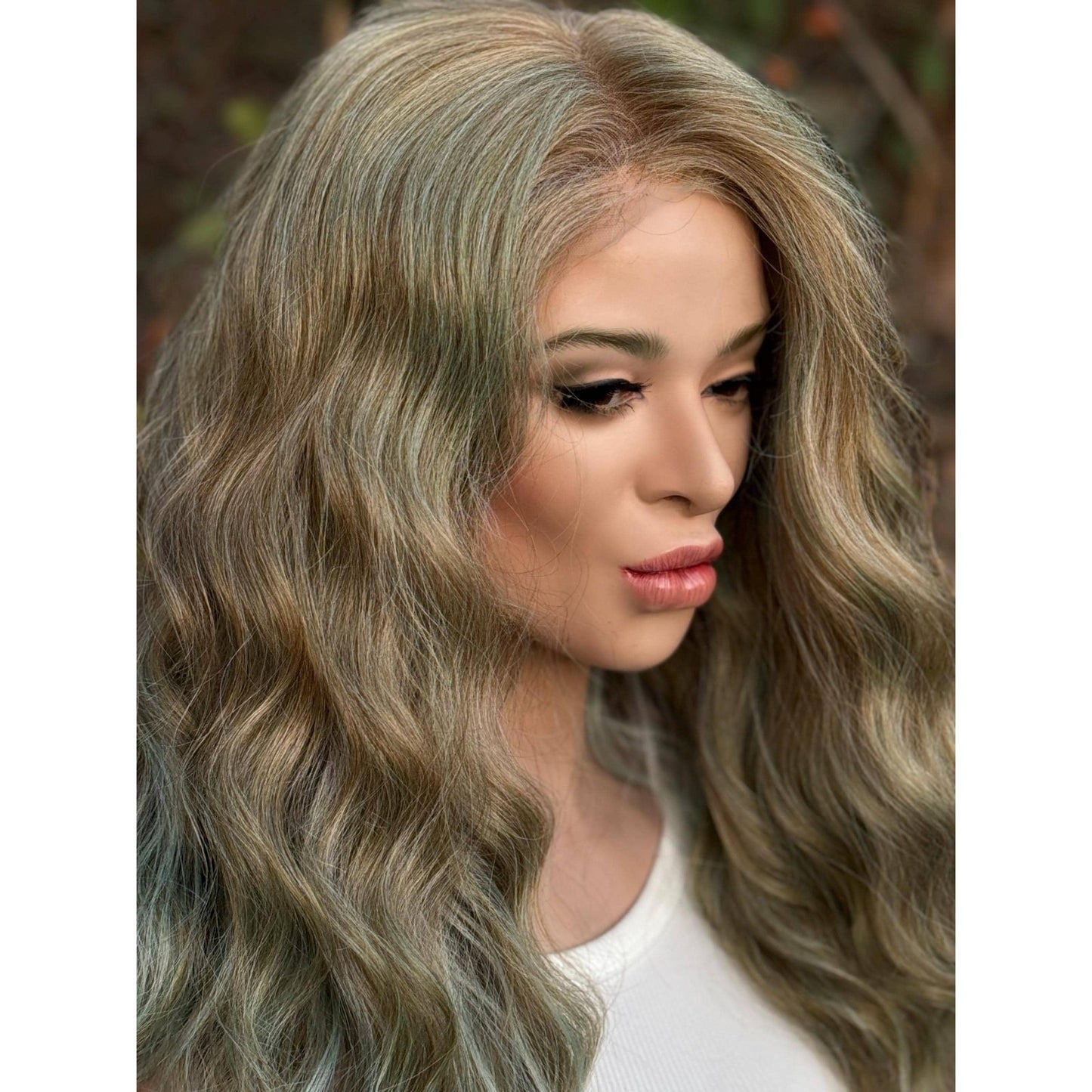 Blonde Cyan Balayage Loose Wavy Human Hair Blend Lace Front Wig Hand-Tied