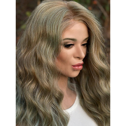 Blonde Cyan Balayage Loose Wavy Human Hair Blend Lace Front Wig Hand-Tied
