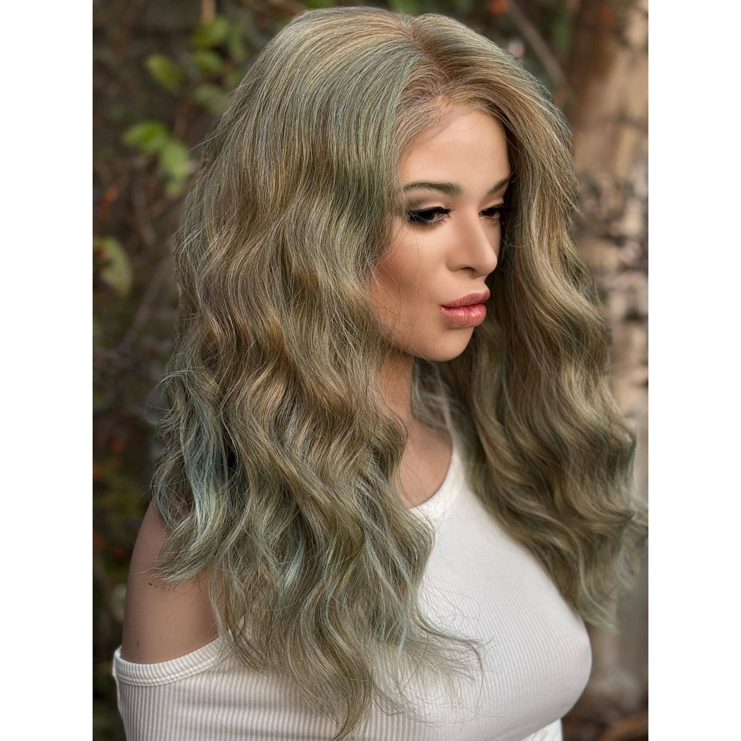 Blonde Cyan Balayage Loose Wavy Human Hair Blend Lace Front Wig Hand-Tied