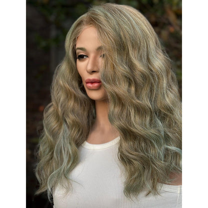 Blonde Cyan Balayage Loose Wavy Human Hair Blend Lace Front Wig Hand-Tied