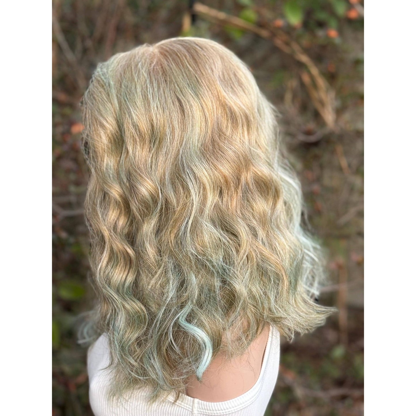 Blonde Cyan Balayage Loose Wavy Human Hair Blend Lace Front Wig Hand-Tied