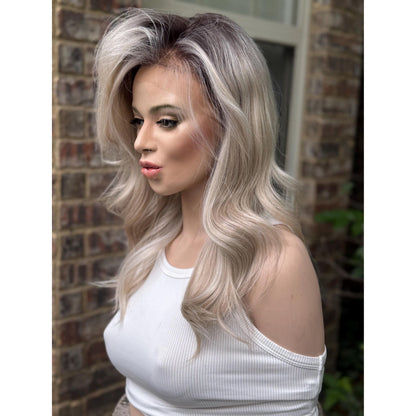 ROCHE Pearl Blonde Balayage Wig, Lace Front, 13x6 Hand-Tied, Human Hair Blend