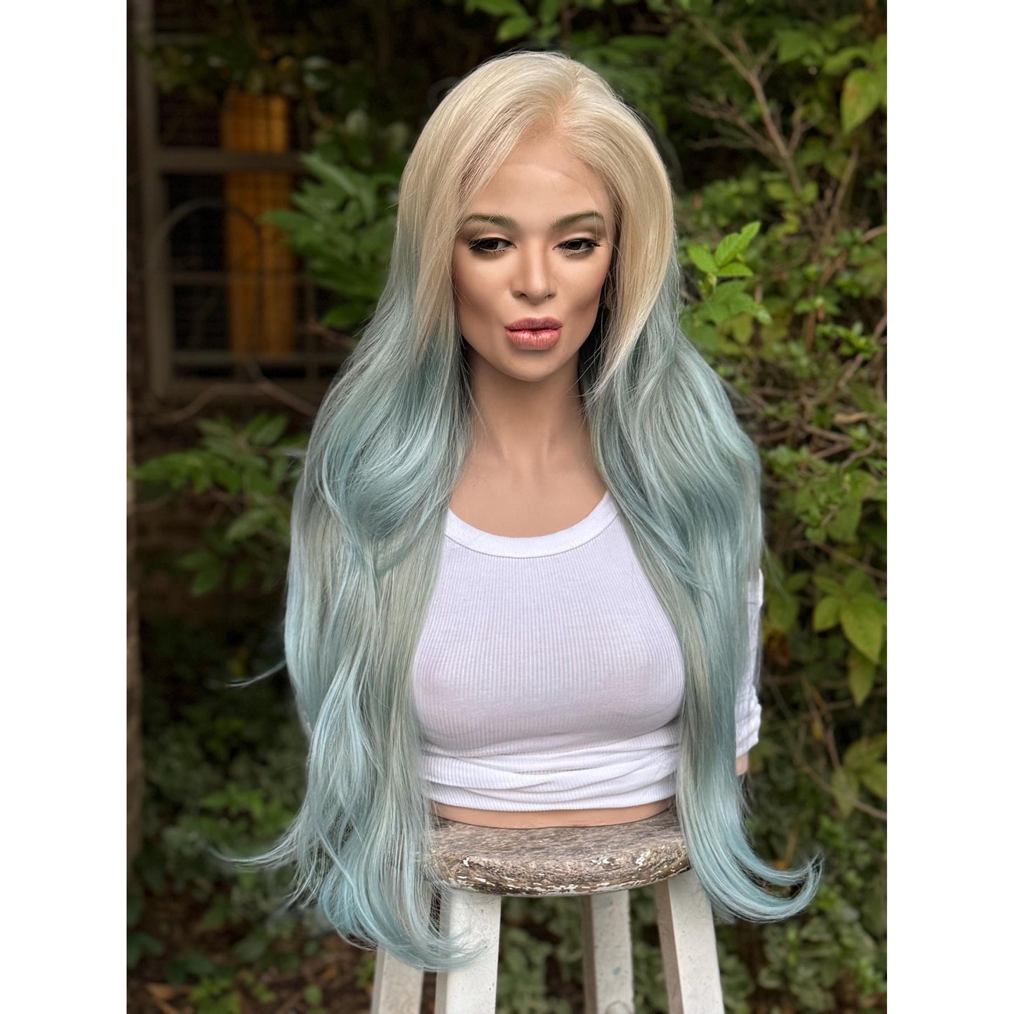 OCEAN MIST Powder Blue Platinum Blonde Teal Balayage Highlights Wig, Lace Front, 13x4 Hand-Tied, Human Hair Blend
