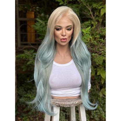 OCEAN MIST Powder Blue Platinum Blonde Teal Balayage Highlights Wig, Lace Front, 13x4 Hand-Tied, Human Hair Blend