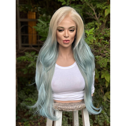 OCEAN MIST Powder Blue Platinum Blonde Teal Balayage Highlights Wig, Lace Front, 13x4 Hand-Tied, Human Hair Blend