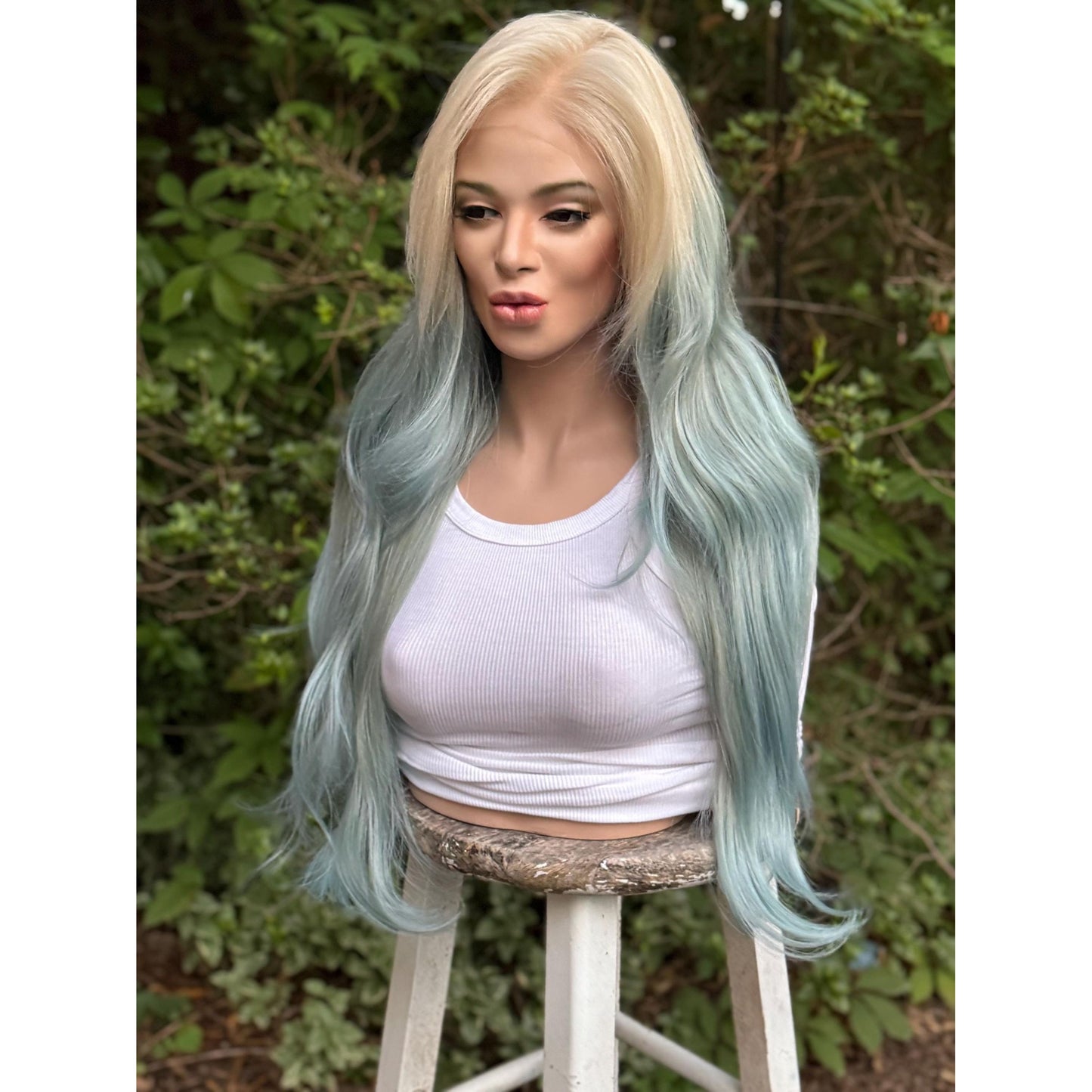 OCEAN MIST Powder Blue Platinum Blonde Teal Balayage Highlights Wig, Lace Front, 13x4 Hand-Tied, Human Hair Blend