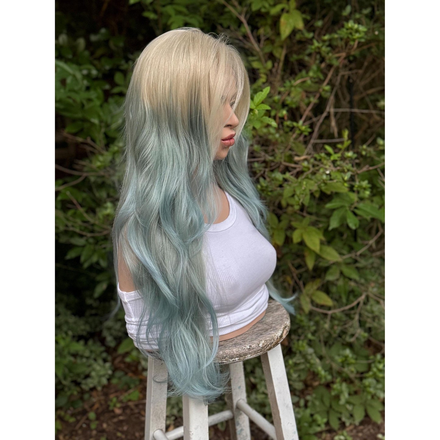 OCEAN MIST Powder Blue Platinum Blonde Teal Balayage Highlights Wig, Lace Front, 13x4 Hand-Tied, Human Hair Blend