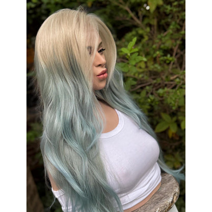 OCEAN MIST Powder Blue Platinum Blonde Teal Balayage Highlights Wig, Lace Front, 13x4 Hand-Tied, Human Hair Blend