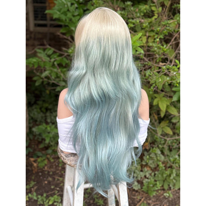 OCEAN MIST Powder Blue Platinum Blonde Teal Balayage Highlights Wig, Lace Front, 13x4 Hand-Tied, Human Hair Blend