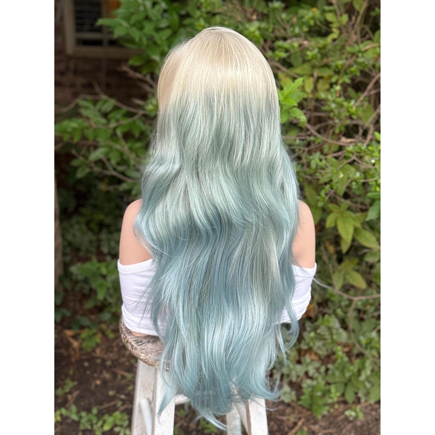 OCEAN MIST Powder Blue Platinum Blonde Teal Balayage Highlights Wig, Lace Front, 13x4 Hand-Tied, Human Hair Blend