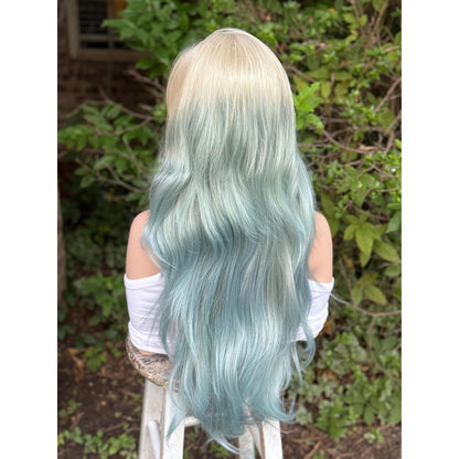 OCEAN MIST Powder Blue Platinum Blonde Teal Balayage Highlights Wig, Lace Front, 13x4 Hand-Tied, Human Hair Blend
