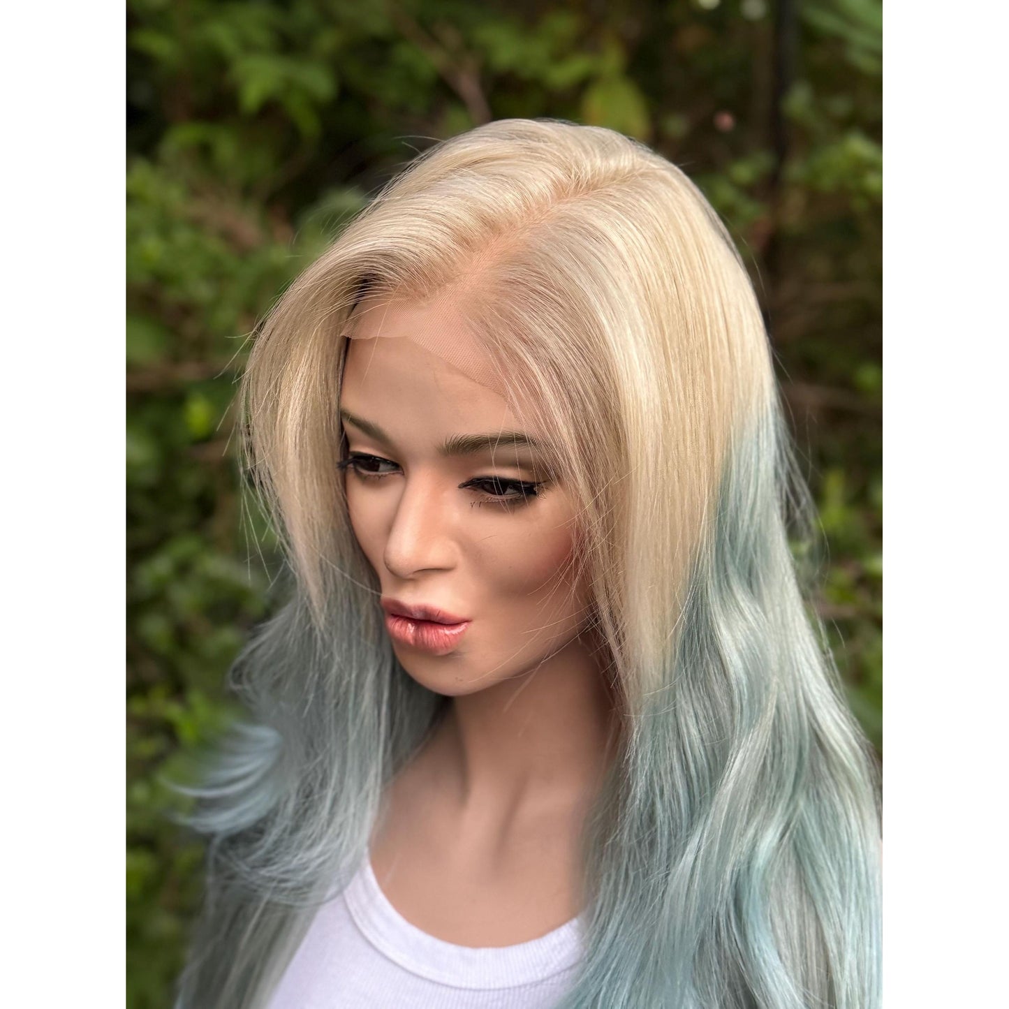 OCEAN MIST Powder Blue Platinum Blonde Teal Balayage Highlights Wig, Lace Front, 13x4 Hand-Tied, Human Hair Blend