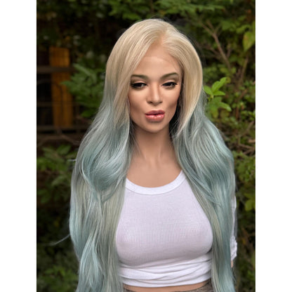 OCEAN MIST Powder Blue Platinum Blonde Teal Balayage Highlights Wig, Lace Front, 13x4 Hand-Tied, Human Hair Blend