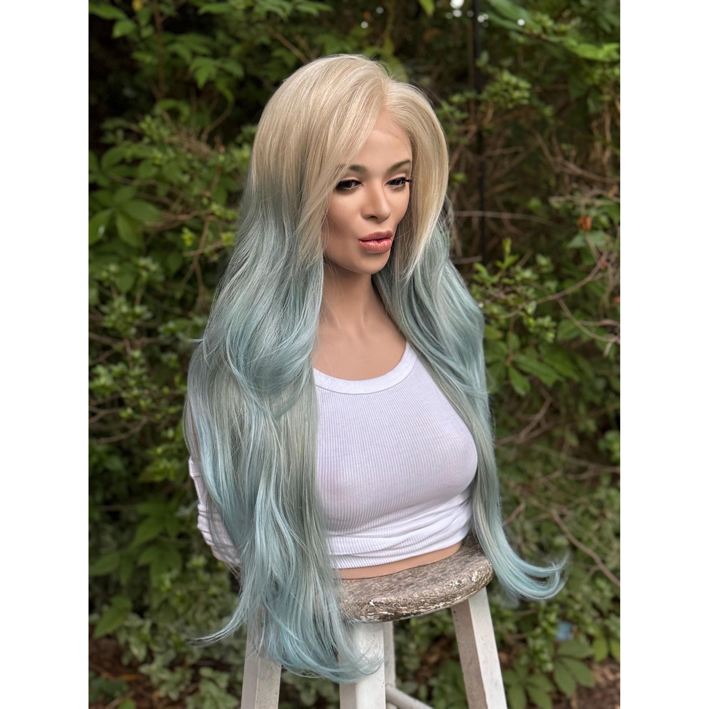 OCEAN MIST Powder Blue Platinum Blonde Teal Balayage Highlights Wig, Lace Front, 13x4 Hand-Tied, Human Hair Blend