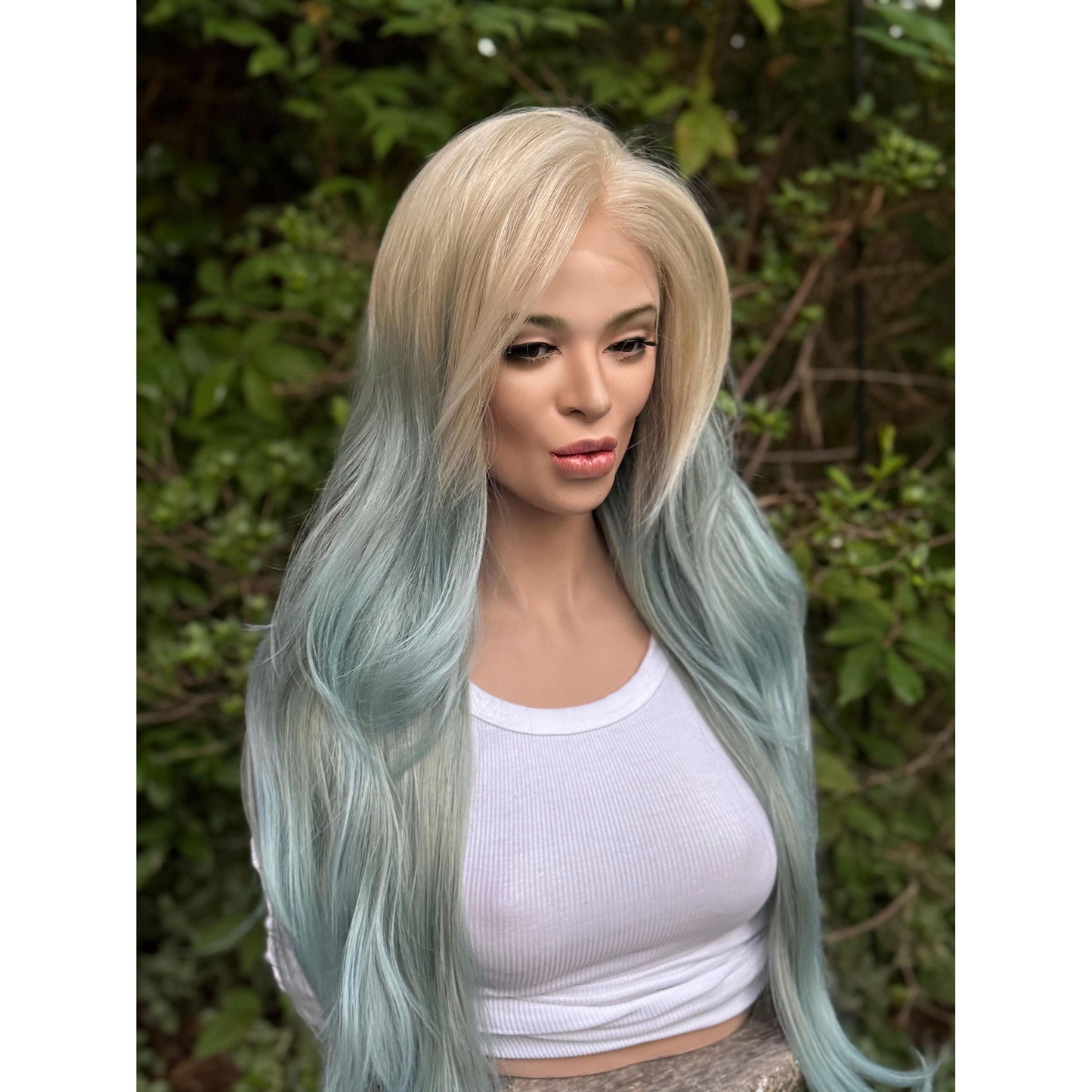 OCEAN MIST Powder Blue Platinum Blonde Teal Balayage Highlights Wig, Lace Front, 13x4 Hand-Tied, Human Hair Blend