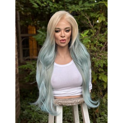 OCEAN MIST Powder Blue Platinum Blonde Teal Balayage Highlights Wig, Lace Front, 13x4 Hand-Tied, Human Hair Blend