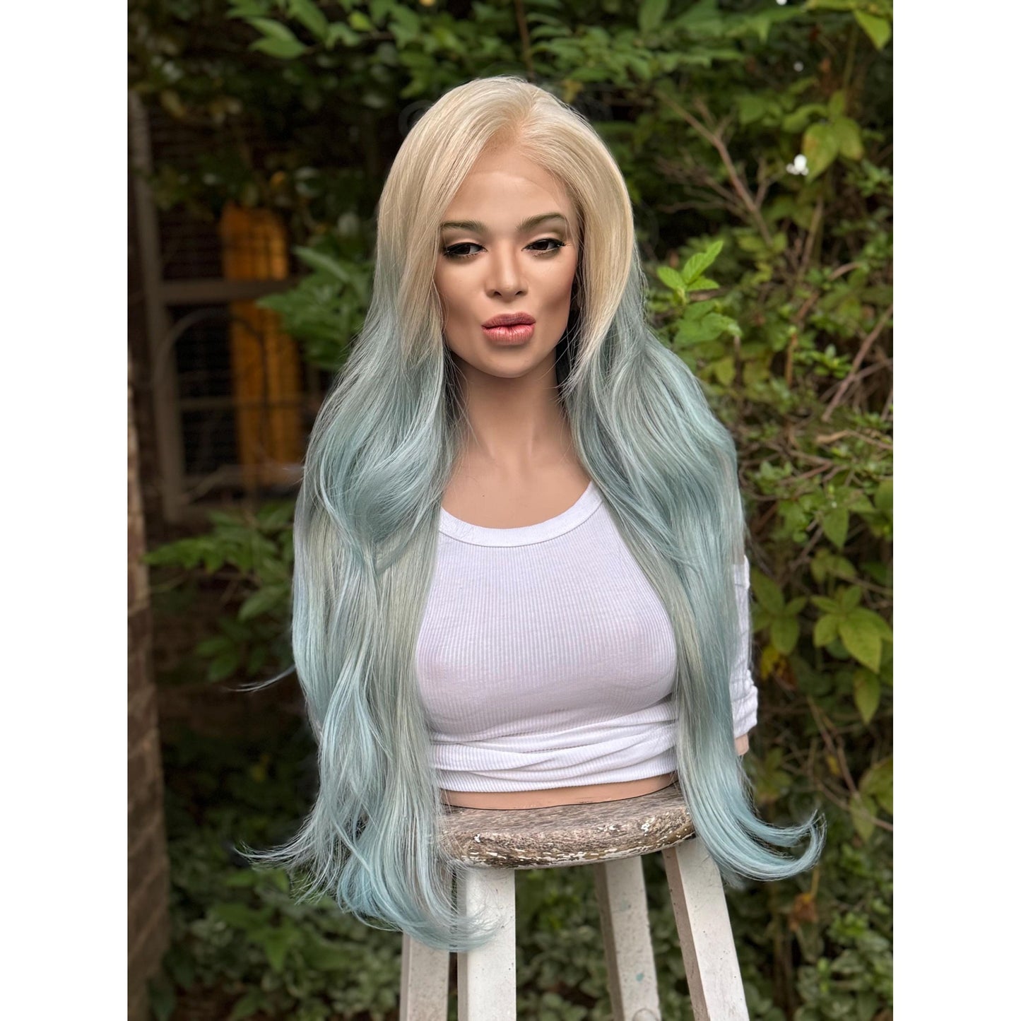 OCEAN MIST Powder Blue Platinum Blonde Teal Balayage Highlights Wig, Lace Front, 13x4 Hand-Tied, Human Hair Blend